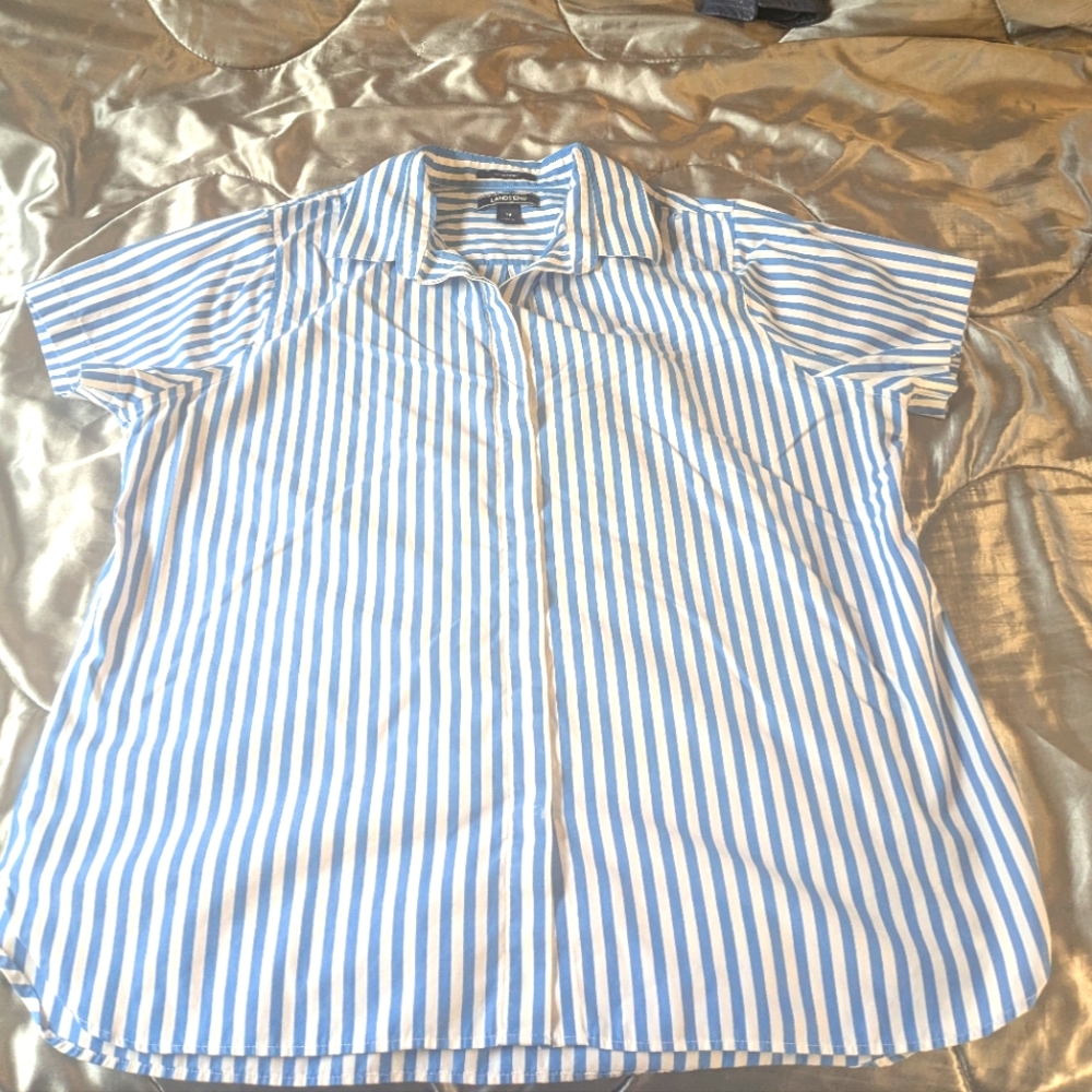 Lands' End Blue White Vertical Stripe Shirt